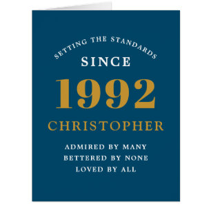 30th Birthday Name 1992 Blue Gold Elegant Card