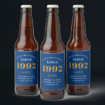 30th Birthday Name 1992 Blue Gold Elegant Chic Beer Bottle Label<br><div class="desc">A personalized elegant beer label that is easy to customize for that special occasion.</div>