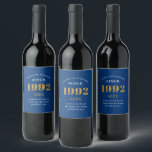 30th Birthday Name 1992 Blue Gold Elegant Chic Wine Label<br><div class="desc">A personalized elegant wine label that is easy to customize for that special occasion.</div>