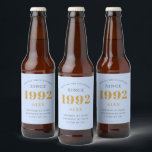 30th Birthday Name 1992 Blue Grey Elegant Chic Beer Bottle Label<br><div class="desc">A personalized elegant beer label that is easy to customize for that special occasion.</div>