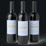 30th Birthday Name 1992 Blue Grey Elegant Chic Wine Label<br><div class="desc">A personalized elegant wine label that is easy to customize for that special occasion.</div>