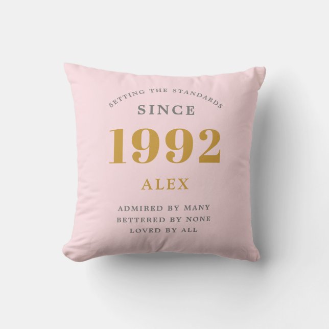 30th Birthday Name 1992 Pink Grey Elegant Chic Throw Pillow (Front)