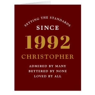 30th Birthday Name 1992 Red Gold Elegant Card