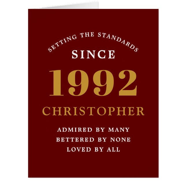 30th Birthday Name 1992 Red Gold Elegant Card (Front)