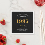 30th Birthday Name 1995 Black Gold Elegant Chic Napkin<br><div class="desc">Premium 30th Birthday Black and Gold Personalized Paper Napkins - Celebration Elegance. Celebrate a milestone birthday in style with our chic, premium-quality, birthday paper napkins. Exquisitely designed with a striking black and gold colour scheme, these napkins add a touch of luxury and sophistication to any birthday bash. Express your personal...</div>