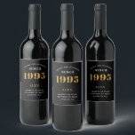 30th Birthday Name 1995 Black Gold Elegant Chic Wine Label<br><div class="desc">1995 Vintage 30th Birthday Black & Gold Elegant Wine Label. Celebrate your milestone with our exclusive birthday wine label. The meticulously designed label with stunning black and gold hues effortlessly enhances the visual appeal of your favourite wine. The year prominently featured on the label, adds a nostalgic throwback to the...</div>