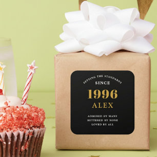 30th Birthday Name 1996 Black Gold Elegant Chic Square Sticker