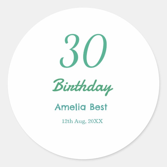 30TH BIRTHDAY NAME DATE BOLD RETRO turquoise simpl Classic Round Sticker (Front)