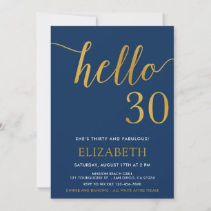 30th Birthday Navy and Gold Hello 30 Invitation