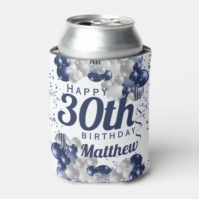 30th Birthday Navy Balloons Can Cooler (Can Front)