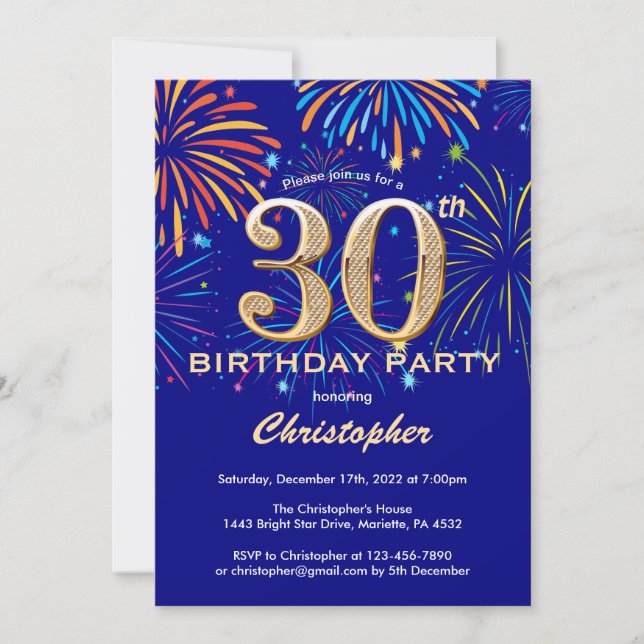 30th Birthday Navy Blue and Gold Rainbow Fireworks Invitation (Front)