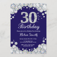 30th Birthday Navy Blue and Silver Diamond