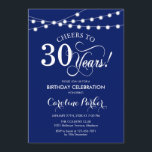 30th Birthday - Navy Blue White Invitation<br><div class="desc">30th Birthday Invitation
Simple navy blue and white design with fairy string lights and script font. Cheers to 30 years! Can be personalized into any age! Message me if you need further customization.</div>