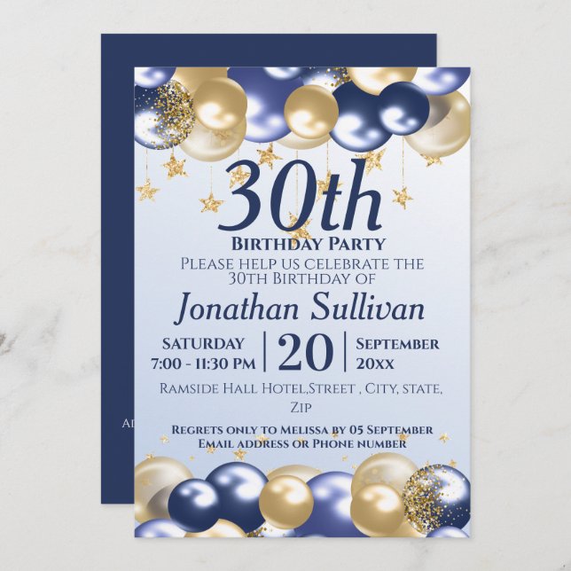 30th Birthday Navy Gold Balloons Party Invitation (Front/Back)