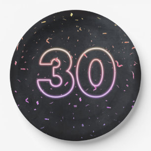30th Birthday Neon Sign On Black Paper Plate