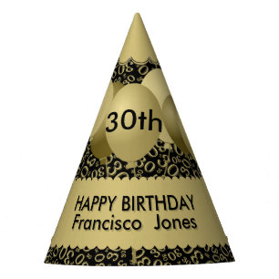 30th Birthday Number Pattern Gold/Black Scallops Party Hat