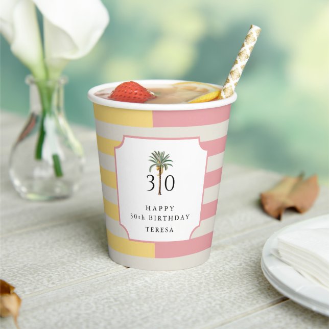 30th Birthday Palm Beach Pastel Stripe Tropical Paper Cups (Insitu)