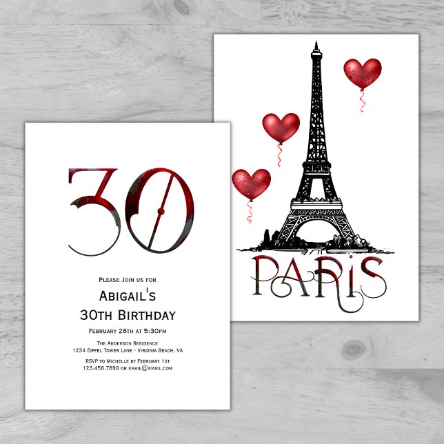 30th Birthday Paris, Eiffel Tower, Red Balloons Invitation (Creator Uploaded)