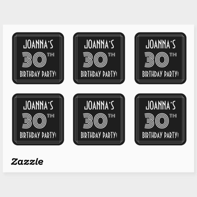 30th Birthday Party: Art Deco Style & Custom Name Square Sticker (Sheet)