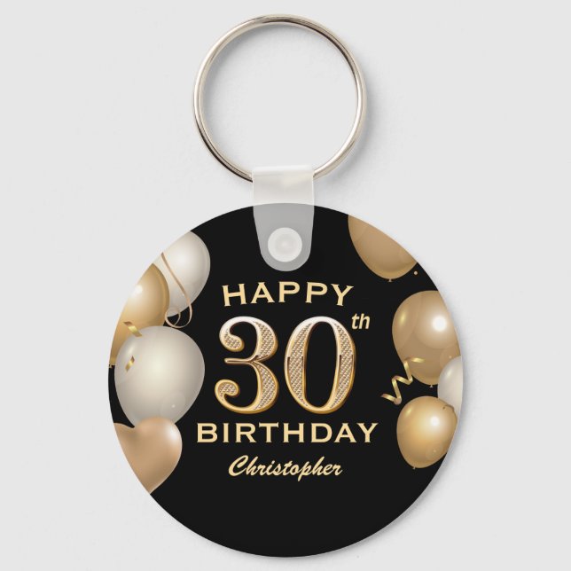 30th Birthday Party Black and Gold Balloons Keychain (Front)