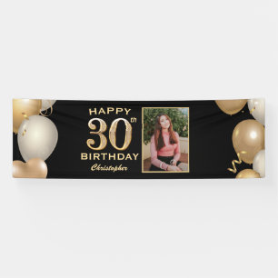 30th Birthday Party Black and Gold Balloons Photo Banner