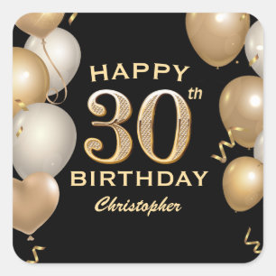 30th Birthday Party Black and Gold Balloons Square Sticker