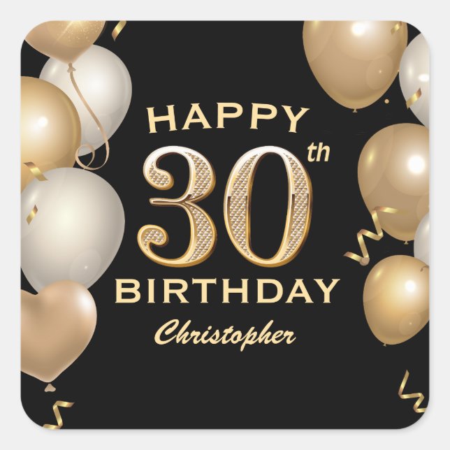 30th Birthday Party Black and Gold Balloons Square Sticker (Front)