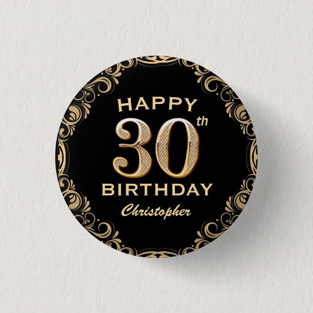 30th Birthday Party Black and Gold Glitter Frame 1 Inch Round Button (Front)