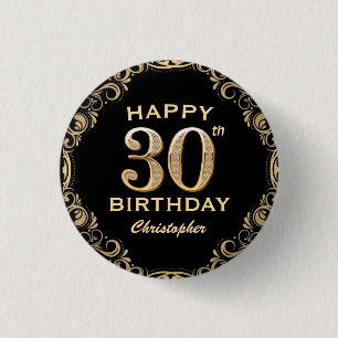 30th Birthday Party Black and Gold Glitter Frame 1 Inch Round Button