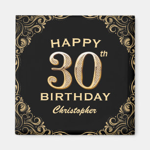 30th Birthday Party Black and Gold Glitter Frame Magnet