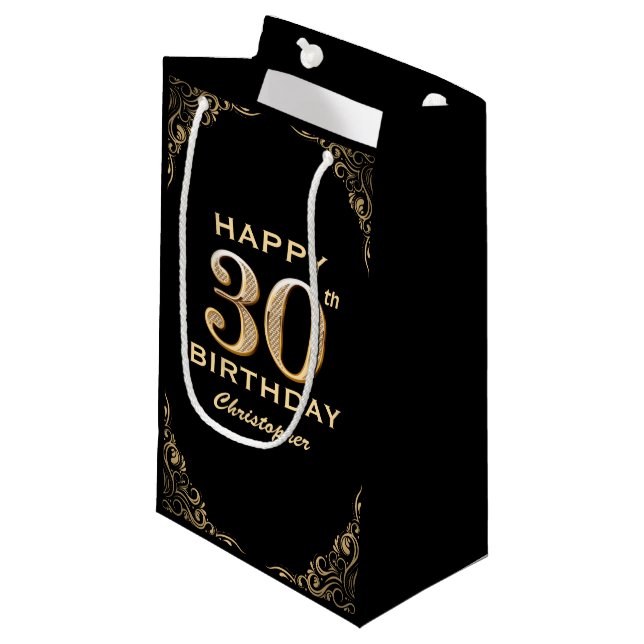 30th Birthday Party Black and Gold Glitter Frame Small Gift Bag (Front Angled)