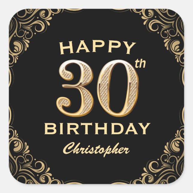 30th Birthday Party Black and Gold Glitter Frame Square Sticker (Front)