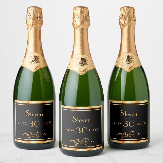 30th birthday party black gold classic sparkling wine label (Bottles)