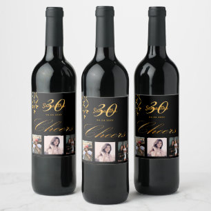 30th birthday party black gold photo cheers script wine label