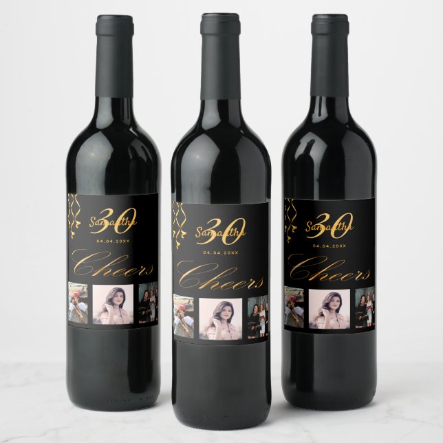 30th birthday party black gold photo cheers script wine label (Bottles)