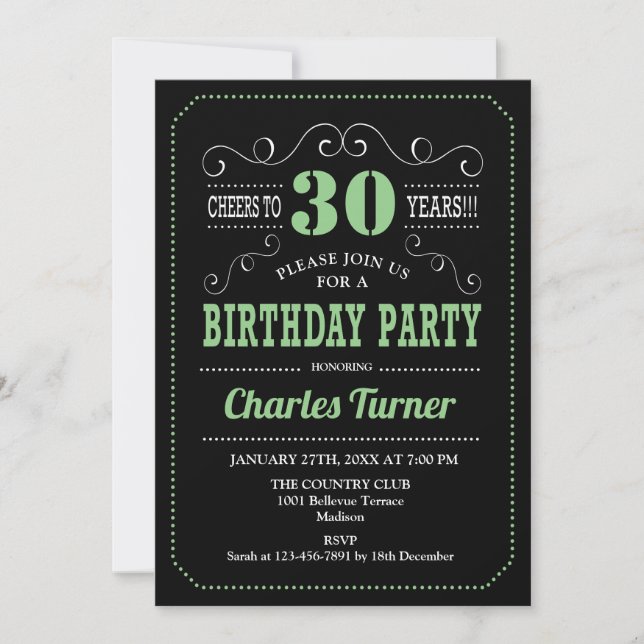 30th Birthday Party - Black Green Invitation (Front)