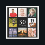 30th birthday party black photo collage guy man napkin<br><div class="desc">A napkin for a 30th birthday party for a guy,  celebrating his life with a collage of 8 of your own photos.  Templates for the age 30 and a date.  Date of birth or the date of the party.  White coloured letters.  Black background.</div>