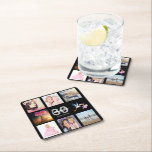 30th birthday party black photo collage name square paper coaster<br><div class="desc">A party coaster for a girly 30th birthday party,  celebrating her life with a collage of 8 of your photos.  Templates for a name,  age 30 and a date.  Date of birth or the date of the party.  White and grey coloured letters.  Elegant black background.</div>