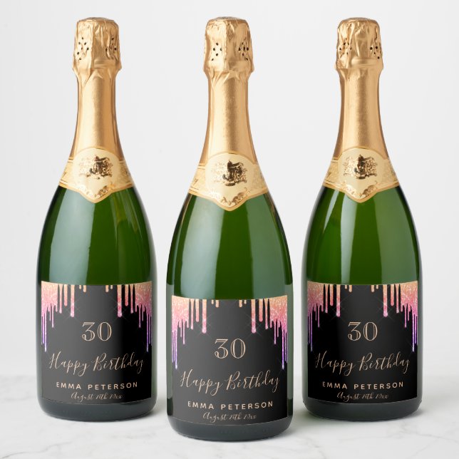 30th birthday party black pink drips  sparkling wine label (Bottles)