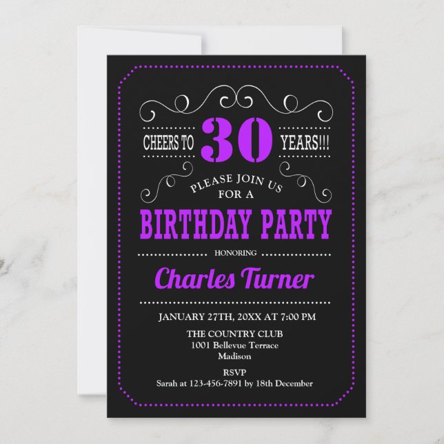 30th Birthday Party - Black Purple Invitation (Front)
