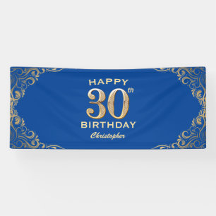 30th Birthday Party Blue and Gold Glitter Frame Banner
