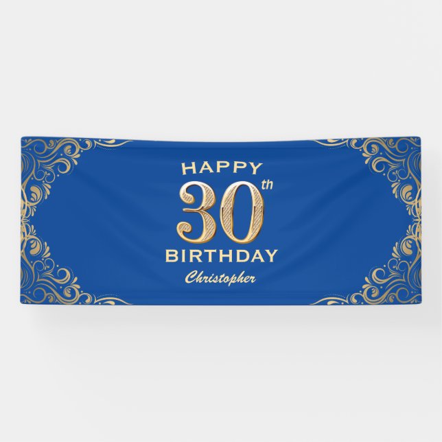 30th Birthday Party Blue and Gold Glitter Frame Banner (Horizontal)