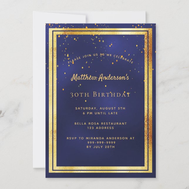 30th birthday party blue gold confetti sprinkle invitation (Front)