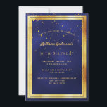30th birthday party blue gold confetti sprinkle invitation<br><div class="desc">A trendy,  modern 30th birthday party invitation card for men,  guys,  male.   A dark blue,  navy blue background. The blue colour is uneven.  With a faux gold frame and golden confetti sprinkle,  golden coloured letters. Templates for your party information.
Back: blue background with confetti sprinkle.</div>