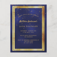 30th birthday party blue gold shiny invitation