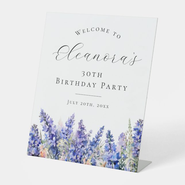 30th Birthday Party Blue July Birth Flower Welcome Pedestal Sign (Front)