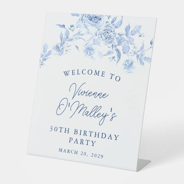 30th Birthday Party Blue Rose Floral Welcome Pedestal Sign (Front)
