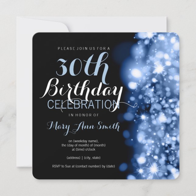 30th Birthday Party Blue Sparkling Lights Invitation (Front)