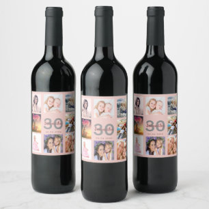 30th birthday party blush rose gold photo collage wine label