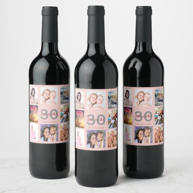 30th birthday party blush rose gold photo collage wine label (Bottles)